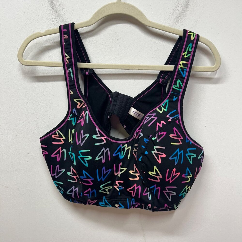 Cacique sport black Neon Multicolor Heart Sports Bra 44DD adjustable straps